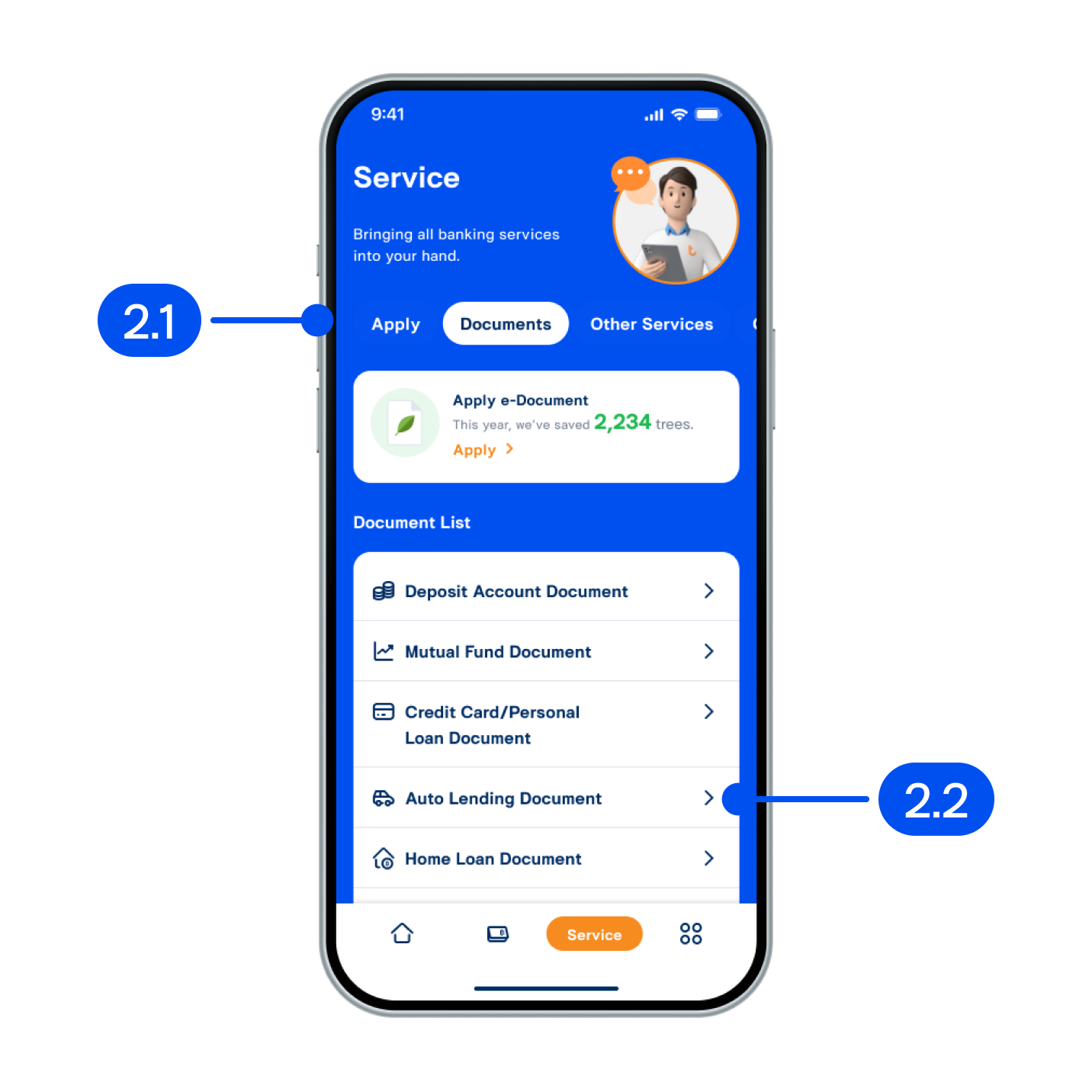 2. On “Service” page, 2.1) Select “Documents”.2.2) Select “Auto lending document”.