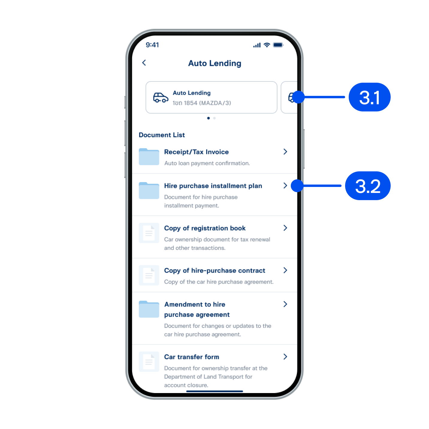 3. On “Auto lending” page,  3.1) Select auto lending to view details.3.2) Select “Hire purchase installment plan”.