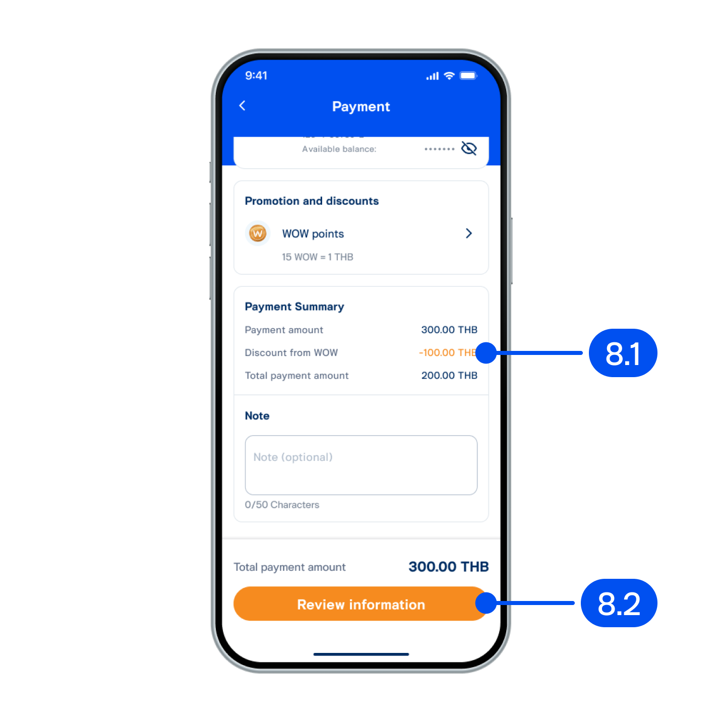 8. On Payment page,8.1) Review discount amount from WOW points.8.2 ) Select “Review information”.