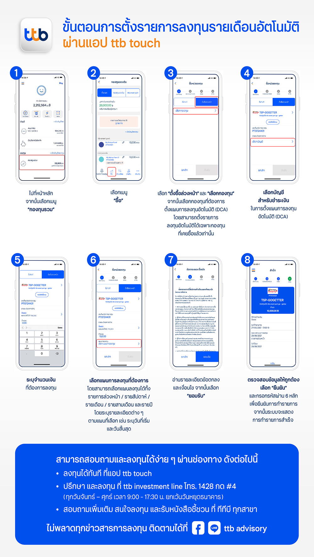 ขั้นตอนการตั้งรายการลงทุนรายเดือนอัตโนมัติผ่านแอป ttb touch