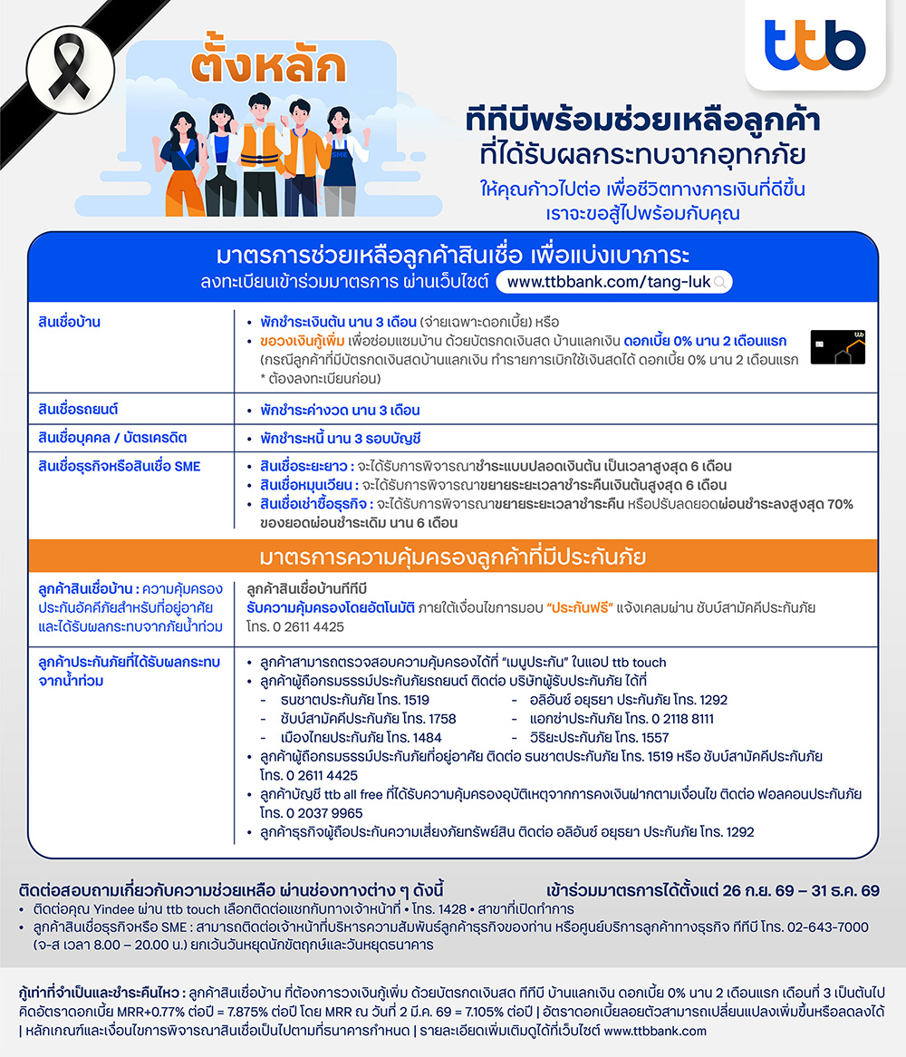 ทีทีบีออกมาตรการตั้งหลักช่วยผู้ประสบอุทกภัย