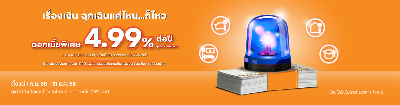 พิเศษ ดอกเบี้ย 4.99% ต่อปี นาน 4 เดือนแรก