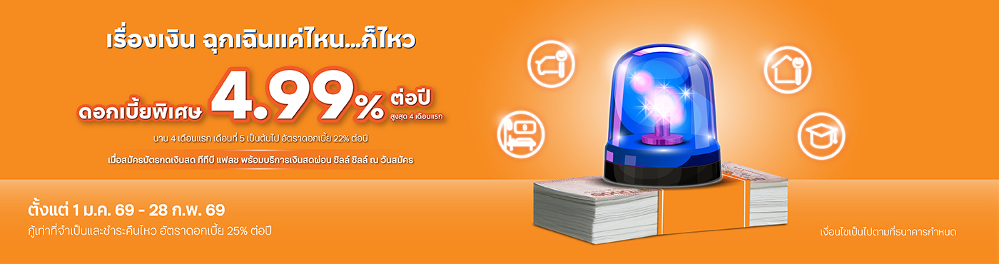 พิเศษ ดอกเบี้ย 4.99% ต่อปี นาน 4 เดือนแรก