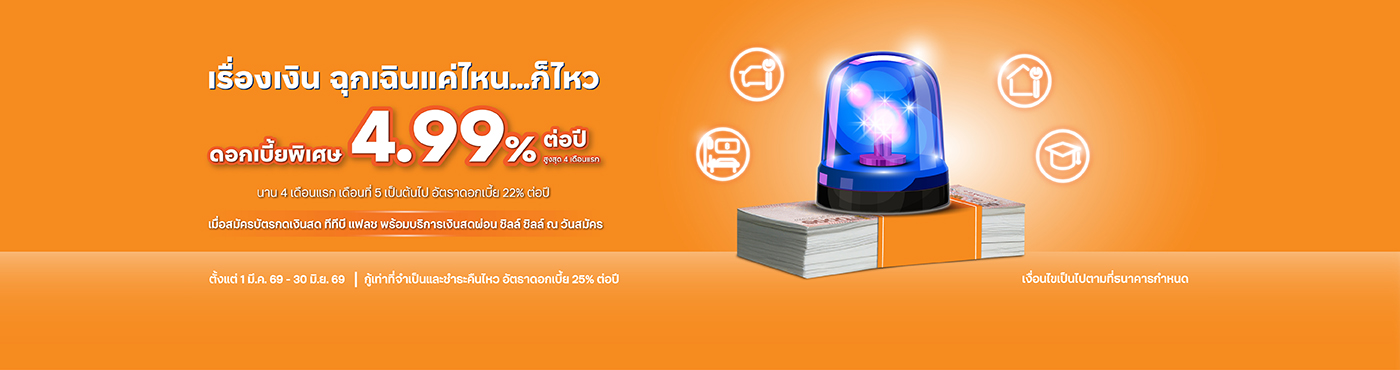 พิเศษ ดอกเบี้ย 4.99% ต่อปี นาน 4 เดือนแรก